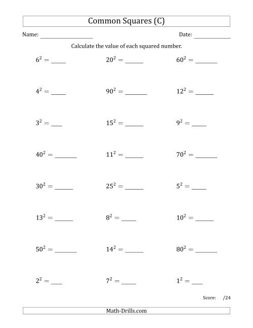 The Commonly Squared Numbers (C) Math Worksheet