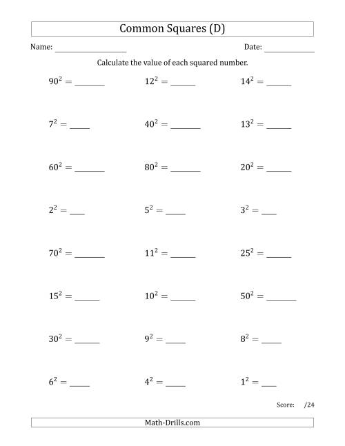 The Commonly Squared Numbers (D) Math Worksheet