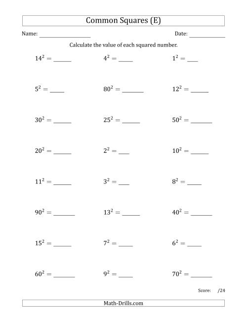 The Commonly Squared Numbers (E) Math Worksheet