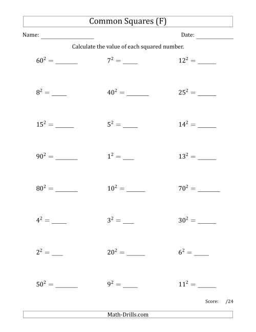 The Commonly Squared Numbers (F) Math Worksheet