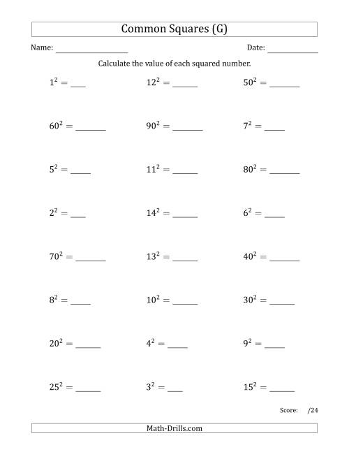 The Commonly Squared Numbers (G) Math Worksheet