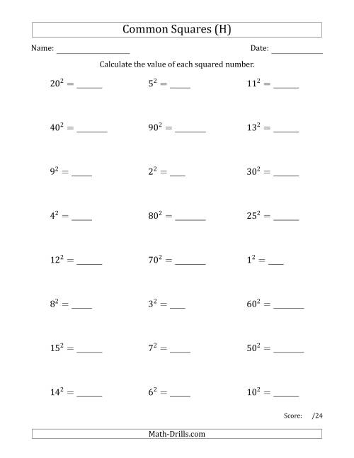 The Commonly Squared Numbers (H) Math Worksheet