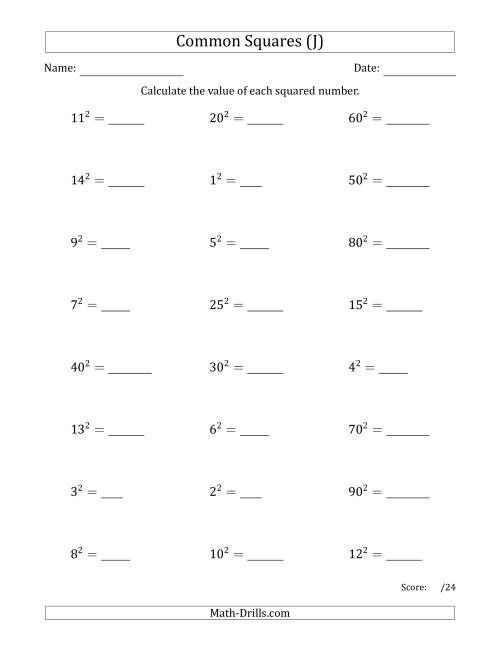 The Commonly Squared Numbers (J) Math Worksheet