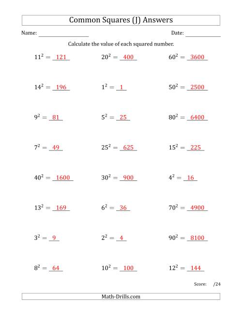 The Commonly Squared Numbers (J) Math Worksheet Page 2