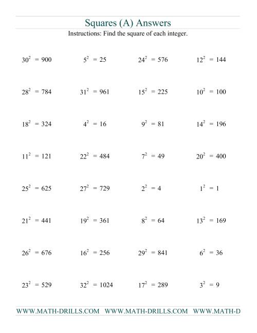 The Squares up to 32 Squared (Old) Math Worksheet Page 2
