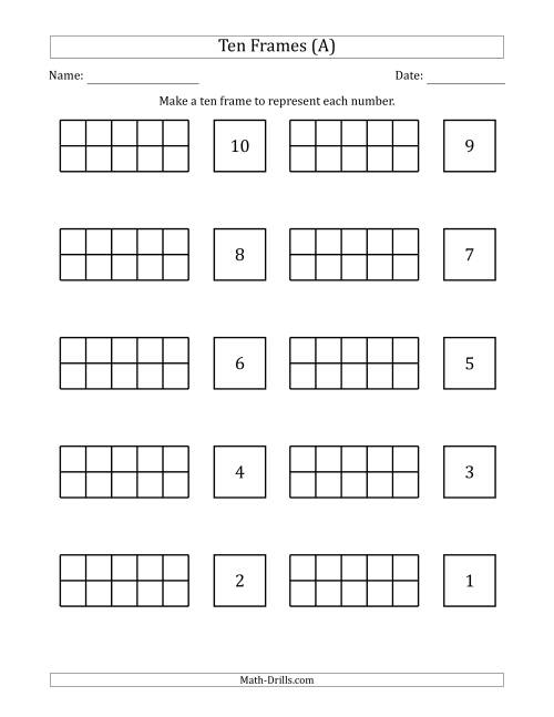 The Blank Ten Frames with the Numbers in Reverse Order (A) Math Worksheet