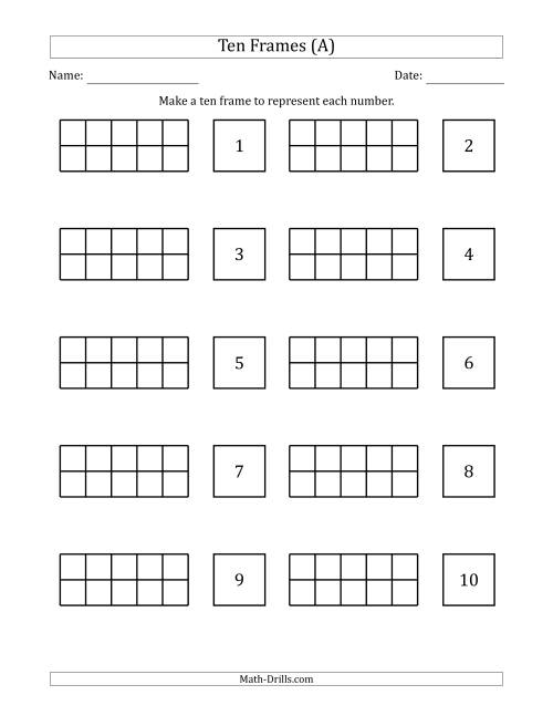 The Blank Ten Frames with the Numbers in Order (A) Math Worksheet