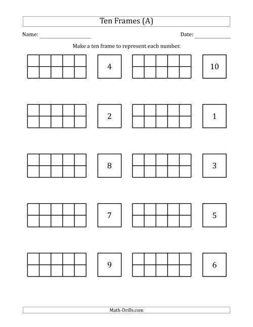 The Blank Ten Frames with the Numbers in Random Order (A) Math Worksheet