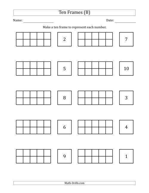 The Blank Ten Frames with the Numbers in Random Order (B) Math Worksheet