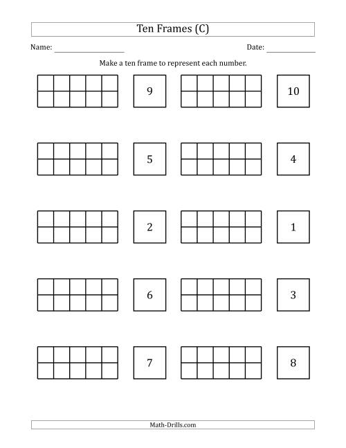 The Blank Ten Frames with the Numbers in Random Order (C) Math Worksheet