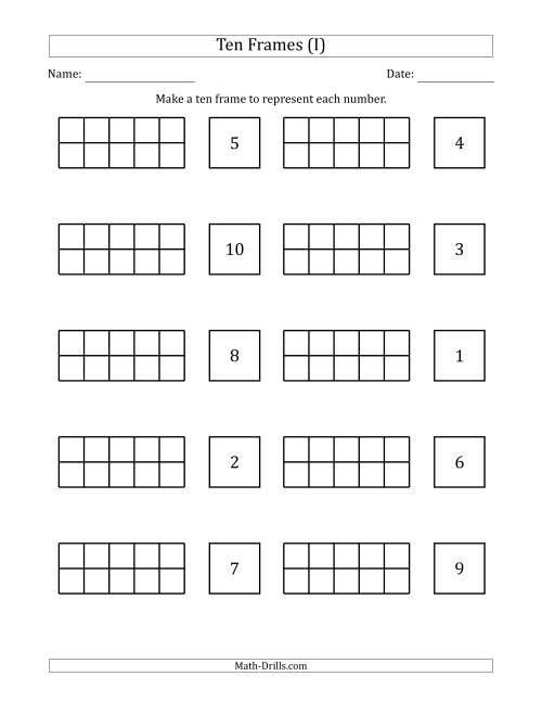 The Blank Ten Frames with the Numbers in Random Order (I) Math Worksheet