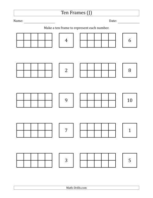 The Blank Ten Frames with the Numbers in Random Order (J) Math Worksheet