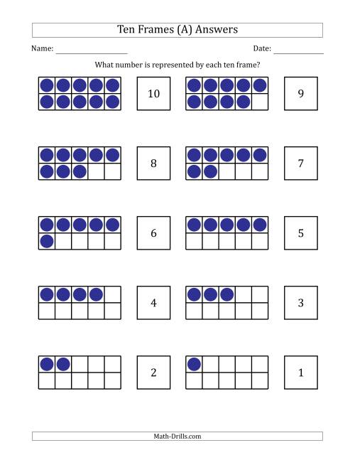 The Completed Ten Frames with the Numbers in Reverse Order (A) Math Worksheet Page 2