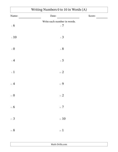 The Writing Numbers 0 to 10 in Words (A) Math Worksheet