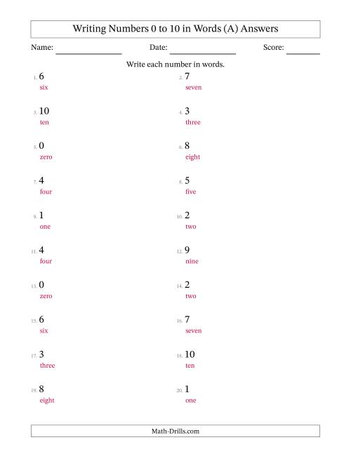 The Writing Numbers 0 to 10 in Words (A) Math Worksheet Page 2