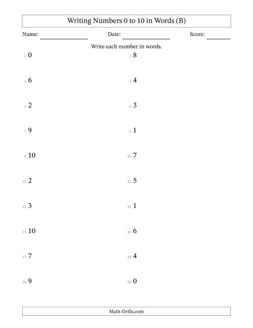 The Writing Numbers 0 to 10 in Words (B) Math Worksheet