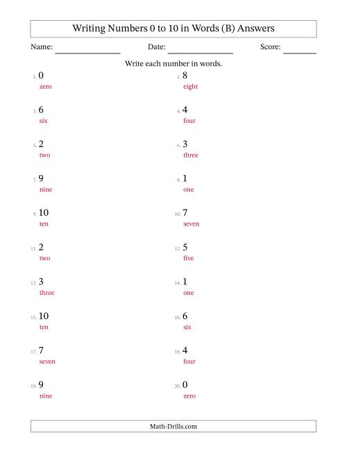 The Writing Numbers 0 to 10 in Words (B) Math Worksheet Page 2
