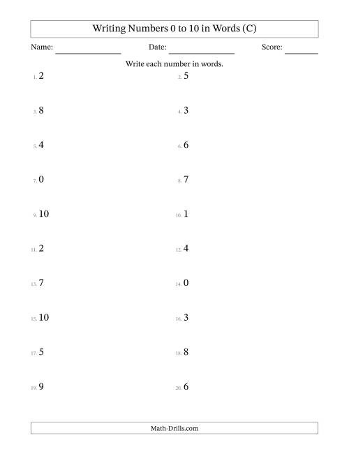 The Writing Numbers 0 to 10 in Words (C) Math Worksheet