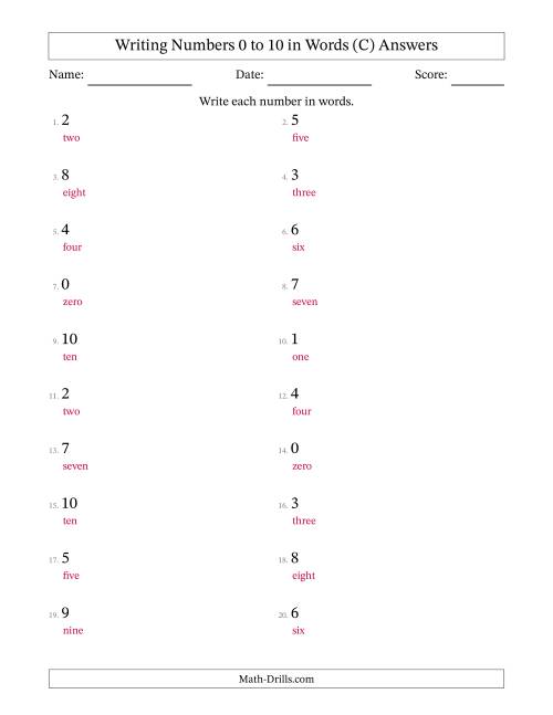 The Writing Numbers 0 to 10 in Words (C) Math Worksheet Page 2