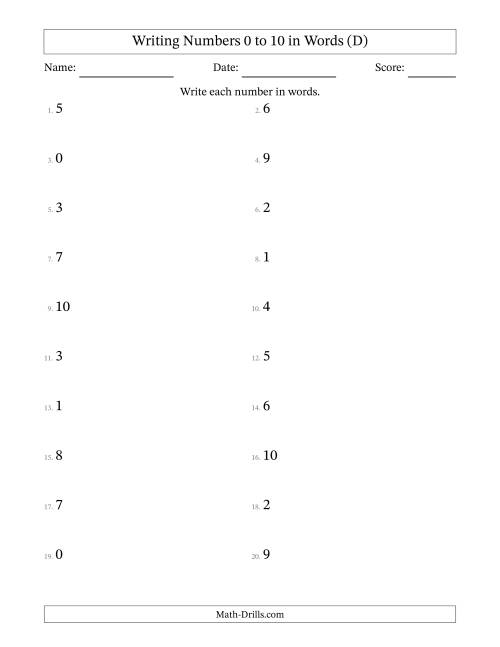 The Writing Numbers 0 to 10 in Words (D) Math Worksheet