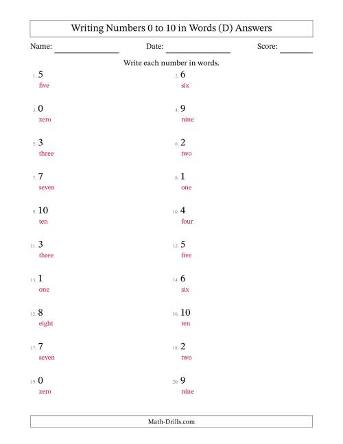 The Writing Numbers 0 to 10 in Words (D) Math Worksheet Page 2