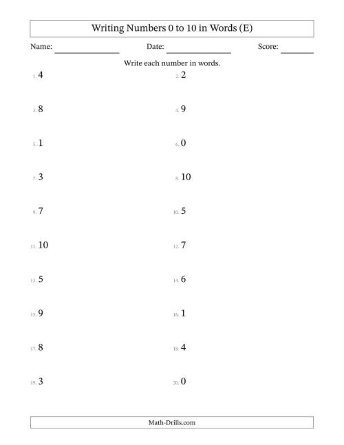 The Writing Numbers 0 to 10 in Words (E) Math Worksheet