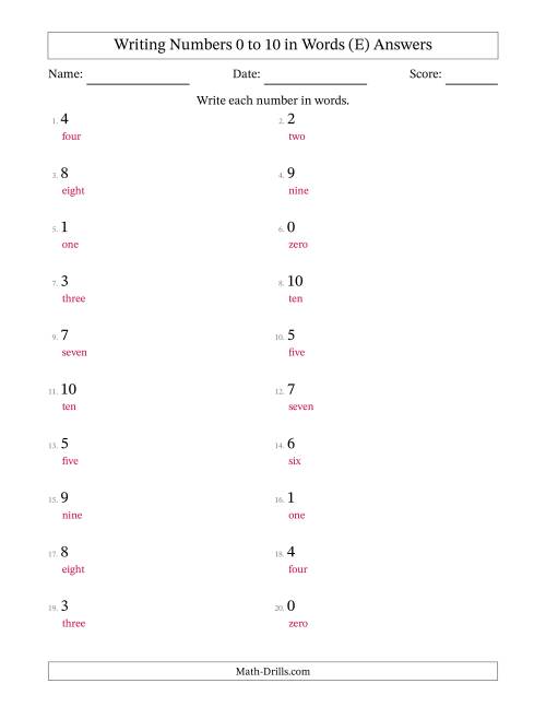 The Writing Numbers 0 to 10 in Words (E) Math Worksheet Page 2