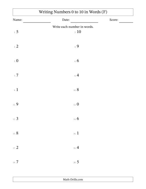 The Writing Numbers 0 to 10 in Words (F) Math Worksheet