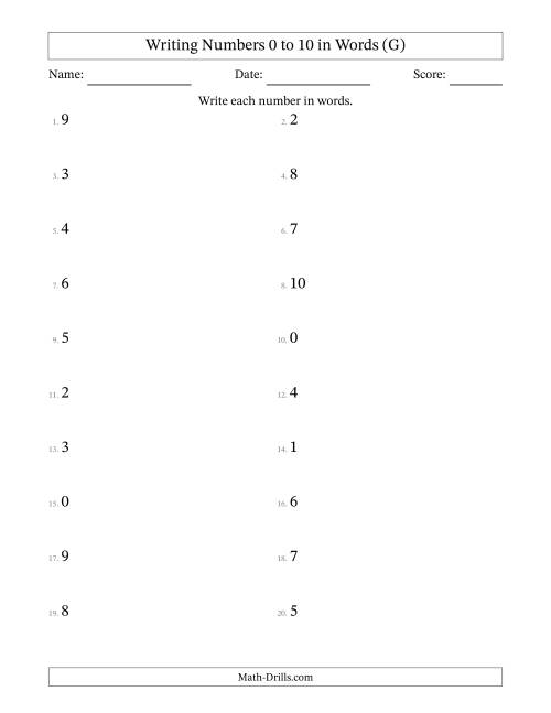 The Writing Numbers 0 to 10 in Words (G) Math Worksheet