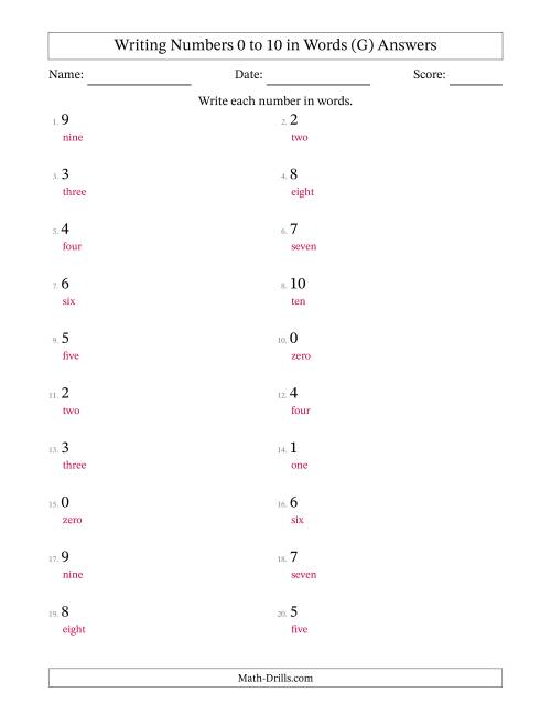 The Writing Numbers 0 to 10 in Words (G) Math Worksheet Page 2