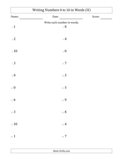 The Writing Numbers 0 to 10 in Words (H) Math Worksheet