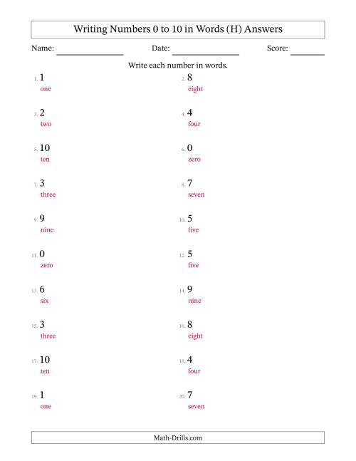 The Writing Numbers 0 to 10 in Words (H) Math Worksheet Page 2