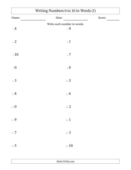 The Writing Numbers 0 to 10 in Words (I) Math Worksheet