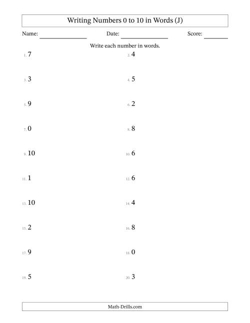 The Writing Numbers 0 to 10 in Words (J) Math Worksheet