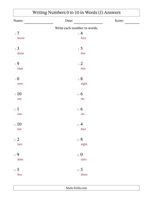 The Writing Numbers 0 to 10 in Words (J) Math Worksheet Page 2