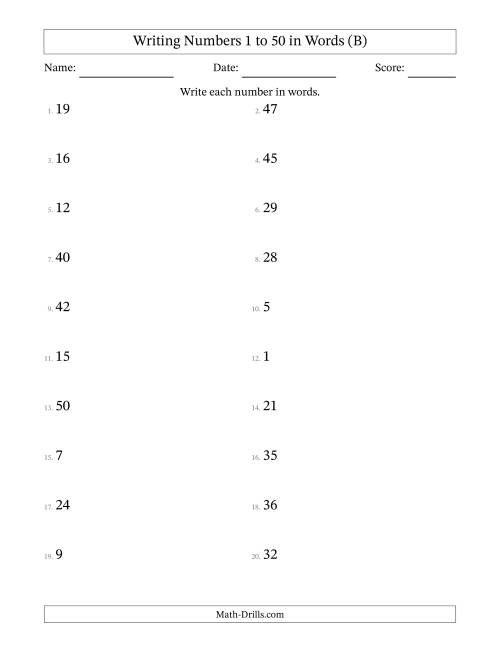 The Writing Numbers 1 to 50 in Words (B) Math Worksheet