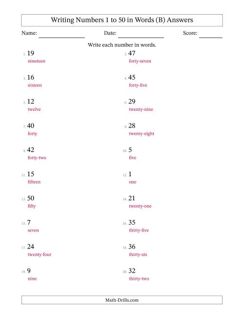 The Writing Numbers 1 to 50 in Words (B) Math Worksheet Page 2