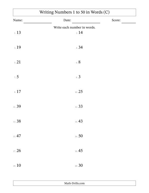 The Writing Numbers 1 to 50 in Words (C) Math Worksheet