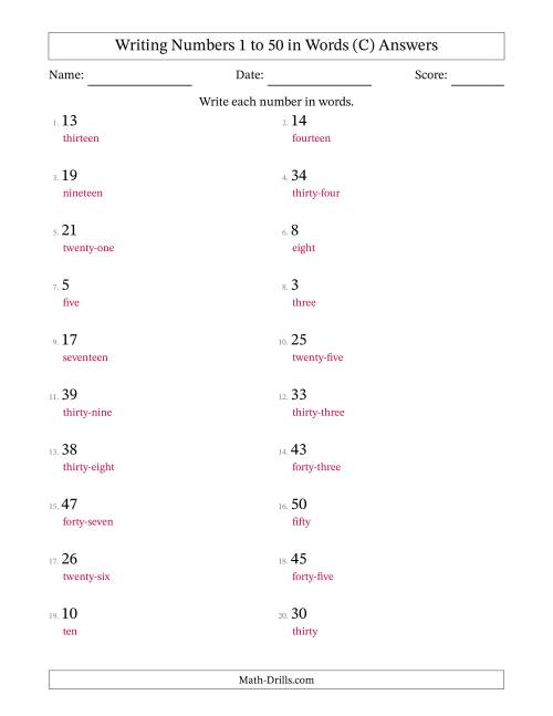 The Writing Numbers 1 to 50 in Words (C) Math Worksheet Page 2