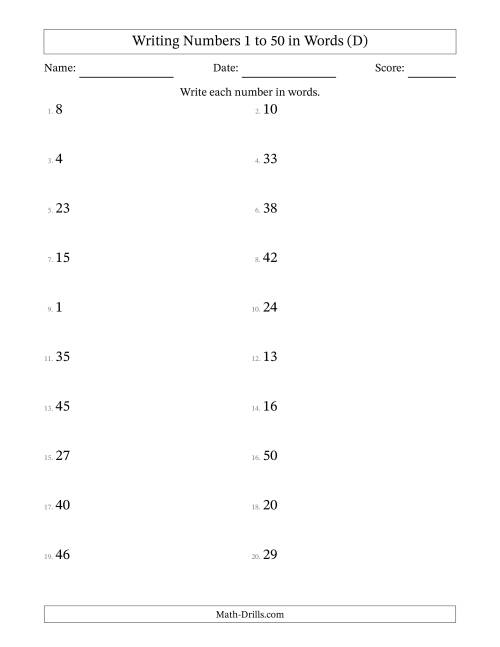 The Writing Numbers 1 to 50 in Words (D) Math Worksheet
