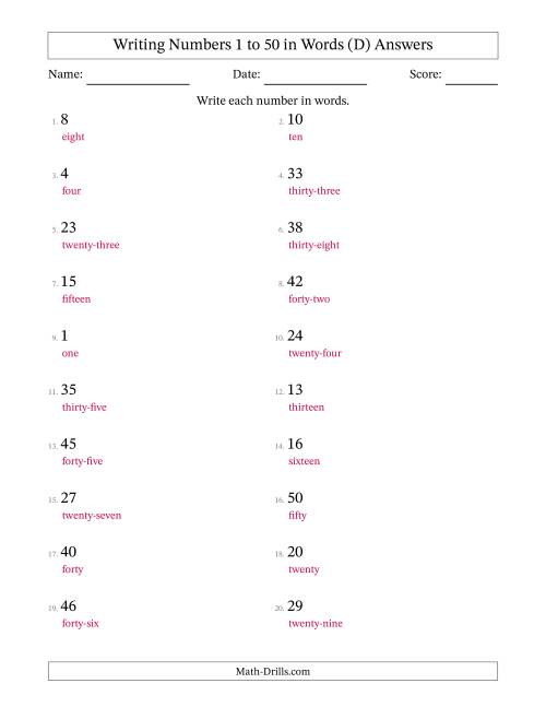 The Writing Numbers 1 to 50 in Words (D) Math Worksheet Page 2