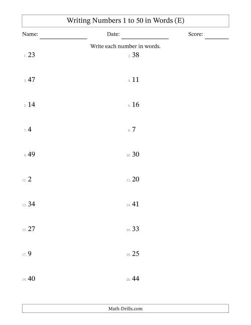 The Writing Numbers 1 to 50 in Words (E) Math Worksheet