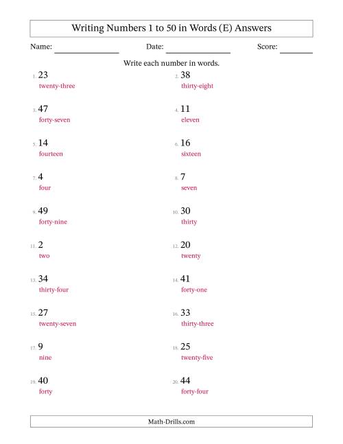 The Writing Numbers 1 to 50 in Words (E) Math Worksheet Page 2