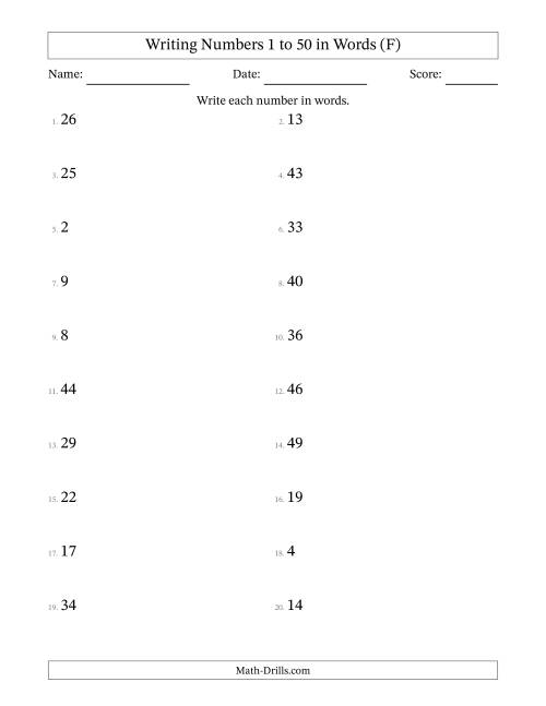 The Writing Numbers 1 to 50 in Words (F) Math Worksheet