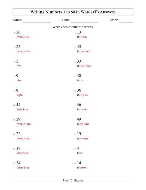 The Writing Numbers 1 to 50 in Words (F) Math Worksheet Page 2