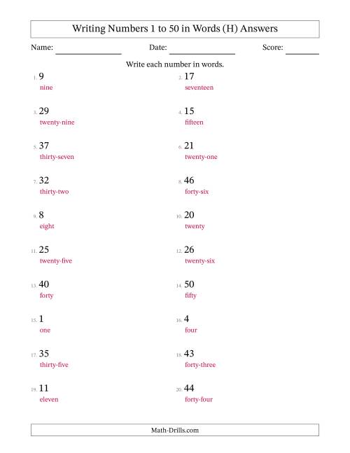 The Writing Numbers 1 to 50 in Words (H) Math Worksheet Page 2
