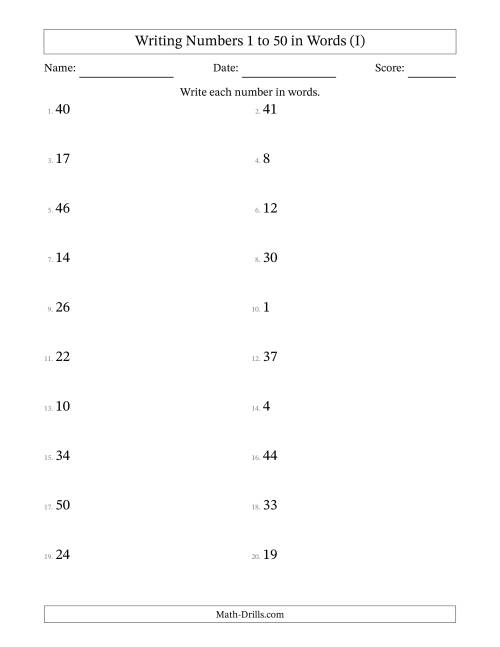 The Writing Numbers 1 to 50 in Words (I) Math Worksheet