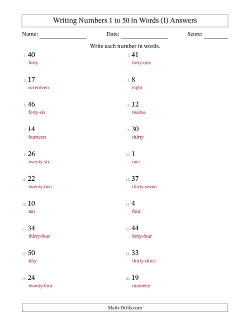 The Writing Numbers 1 to 50 in Words (I) Math Worksheet Page 2