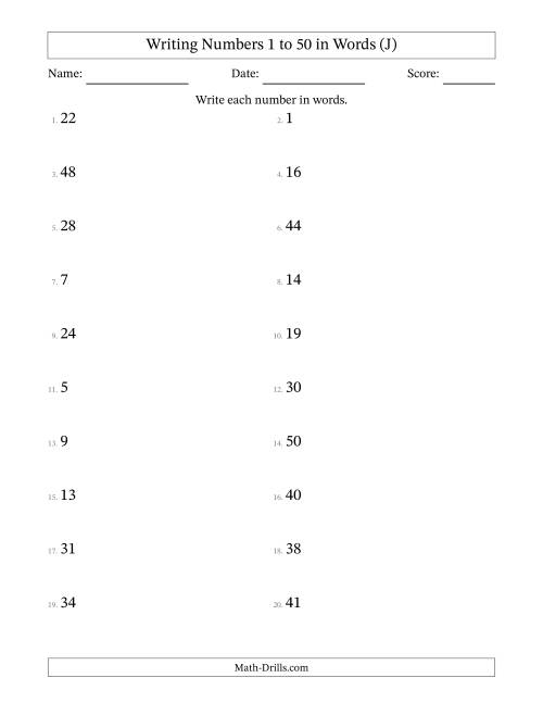 The Writing Numbers 1 to 50 in Words (J) Math Worksheet