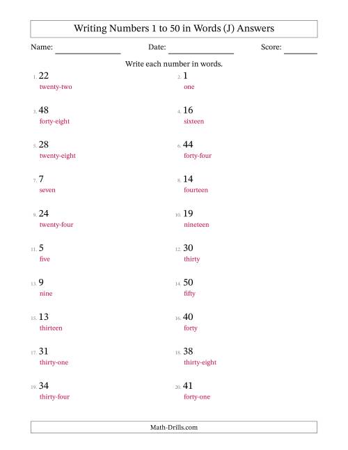 The Writing Numbers 1 to 50 in Words (J) Math Worksheet Page 2